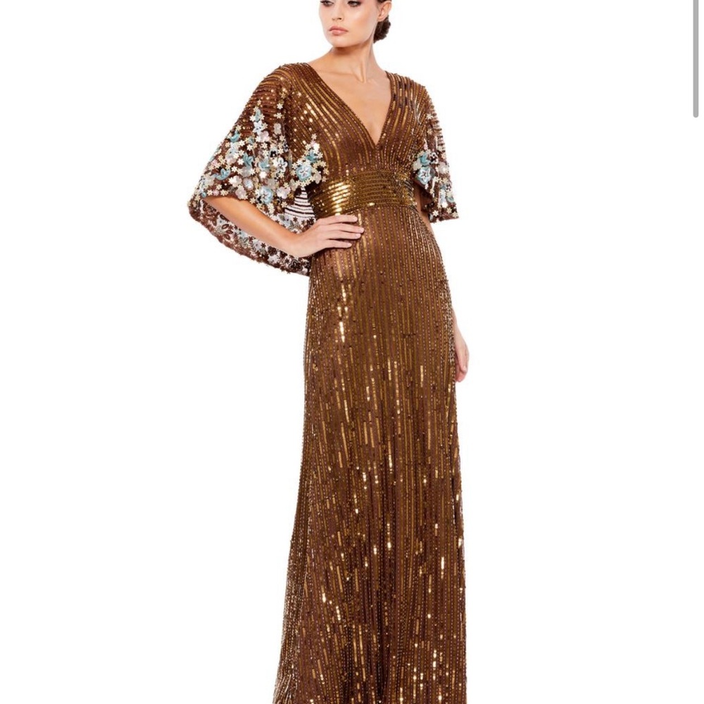 Mac Duggal 5221 brown sequin with floral detailing